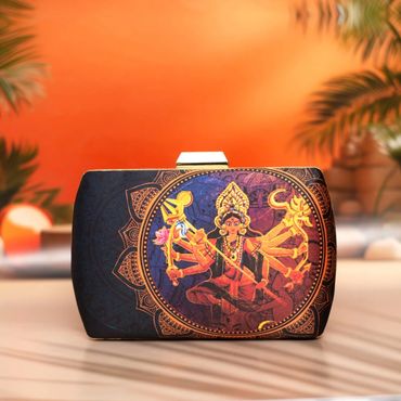 A clutch bag featuring a vibrant illustration of a multi-armed goddess against a dark background.