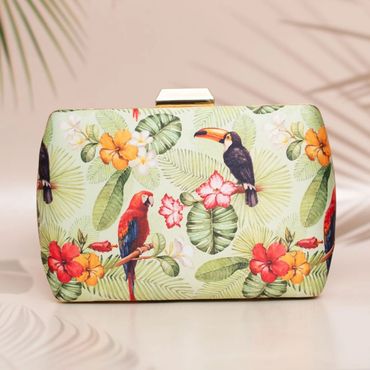Colorful tropical clutch purse with parrots and flowers.