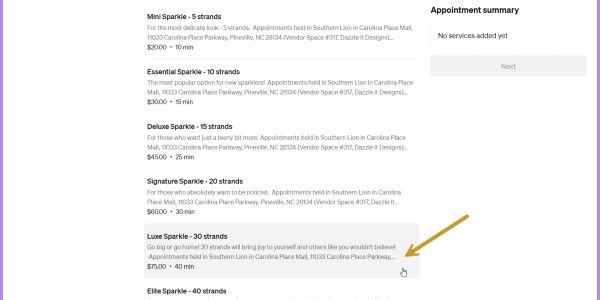 Appointment options for hair sparkle strands.