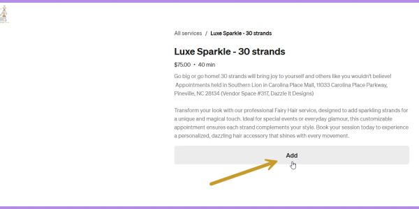 Online booking for Luxe Sparkle hair service with 30 strands for $75.
