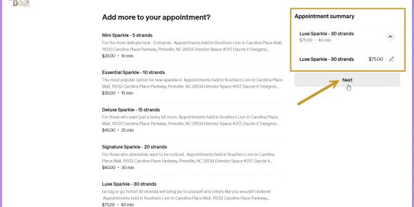 Appointment booking screen with sparkle options and summary.