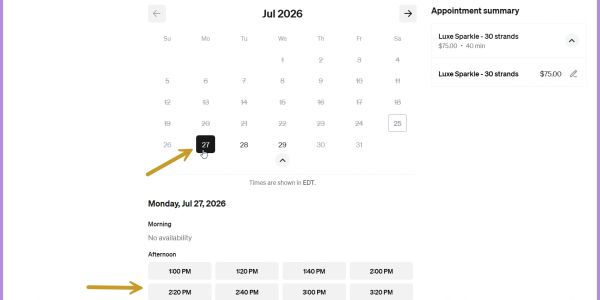 Calendar showing hair appointment slots on July 27, 2026.