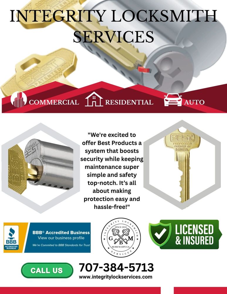 Integrity Locksmith Services offers commercial, residential, and auto locksmith solutions with licensed, insured, and BBB accredited trust.