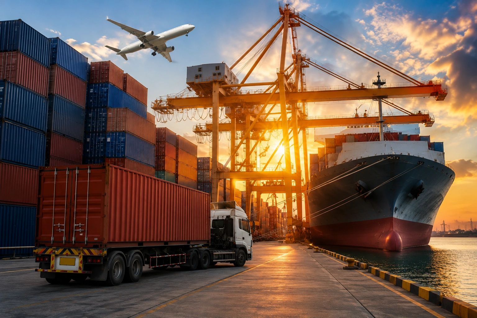 Cargo transportation at a busy port during sunset.