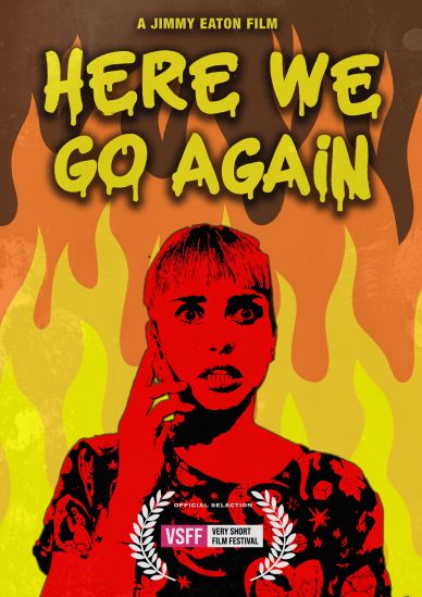 Movie poster for 'Here We Go Again' with a shocked woman and fiery background.