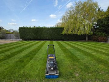 A neatly mowed lawn with a lawnmower in the center.