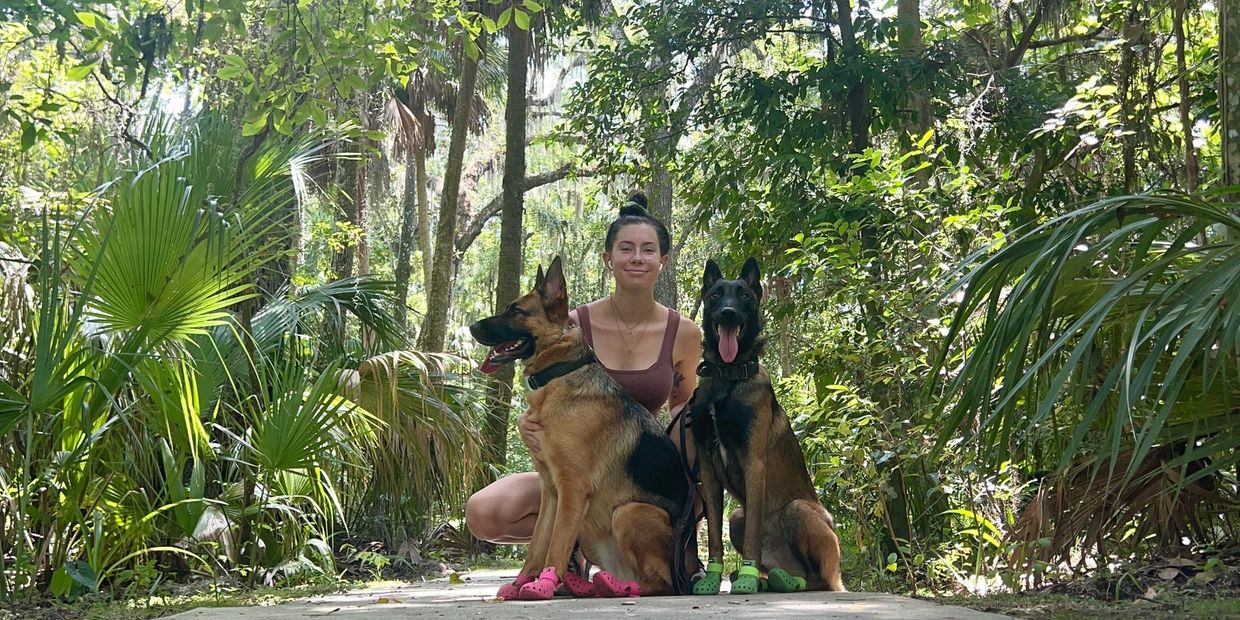 Woman with two dogs wearing colorful shoes in a forest.
