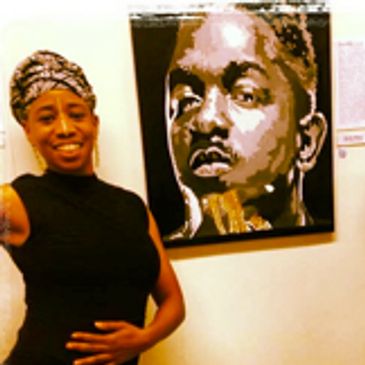 Kendrick Lamar with Dr. NEA and a portrait of Kendrick Lamar painted by Nicole Elaine Avery