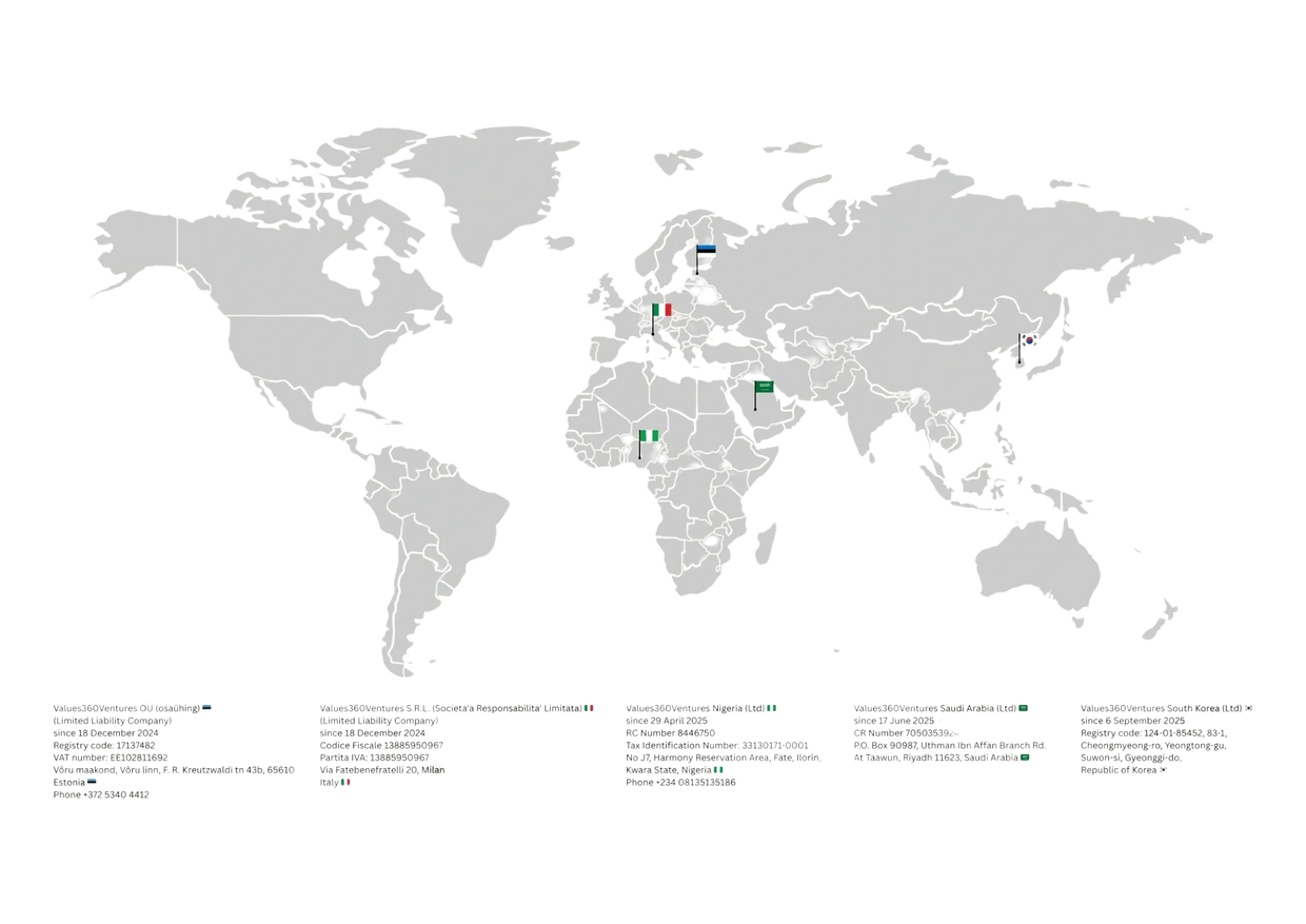 World map highlighting locations of Values360Ventures in five countries with flags and company details.
