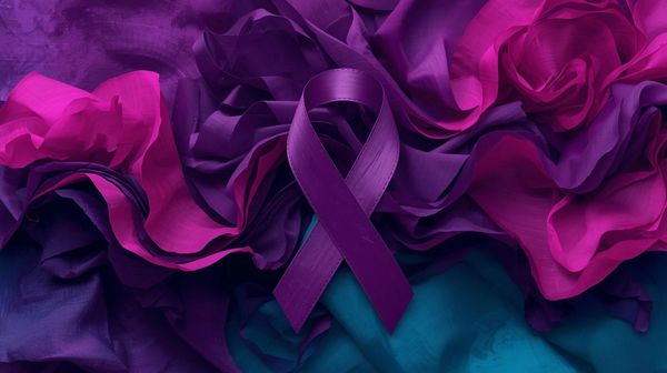 Purple awareness ribbon on vibrant purple, pink, and blue fabric background.
