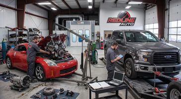 Mechanics working on car engines in an auto repair shop.