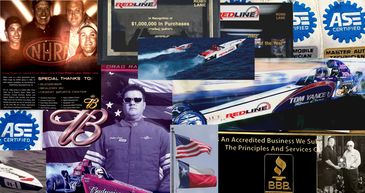 Collage showcasing drag racing, sponsorships, and certifications.