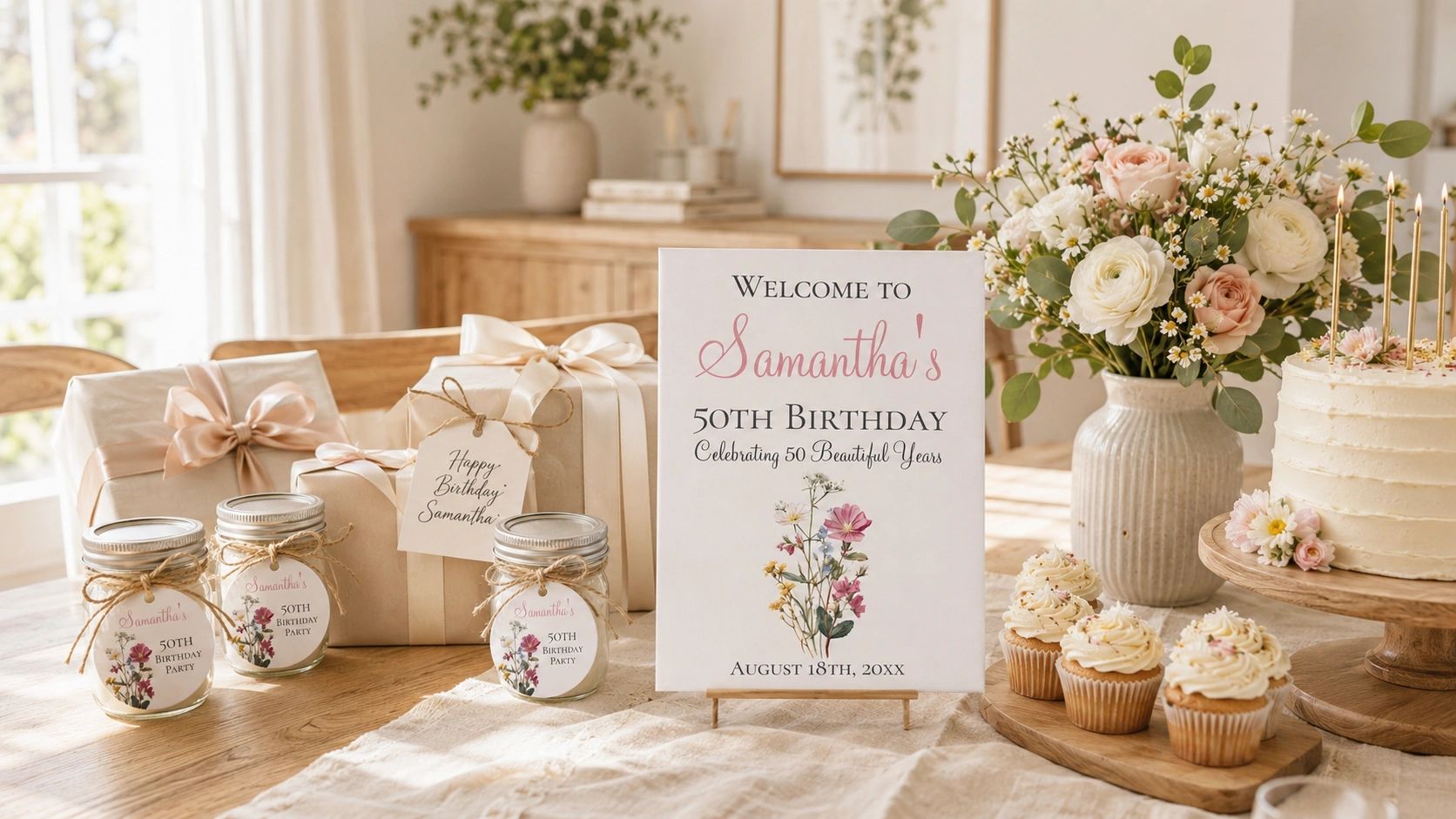 Setup for Samantha's 50th birthday celebration with flowers, cake, and gifts.
