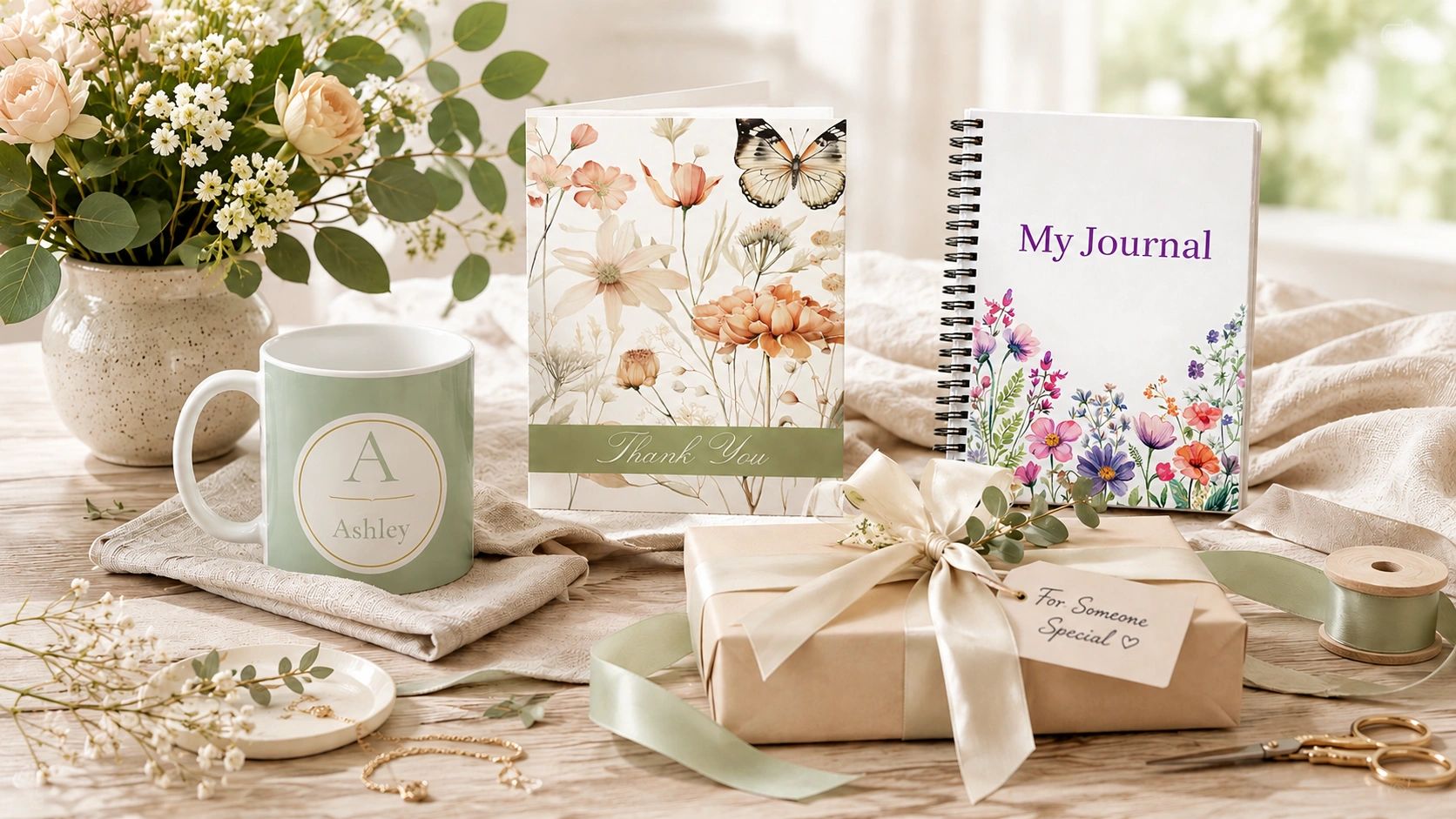 A personalized gift set featuring flowers, a mug, cards, and wrapped present.