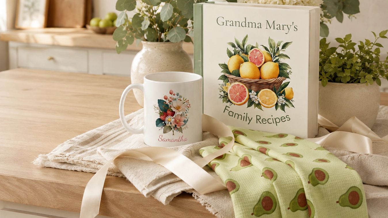 Cozy kitchen setup with a personalized mug and recipe book.