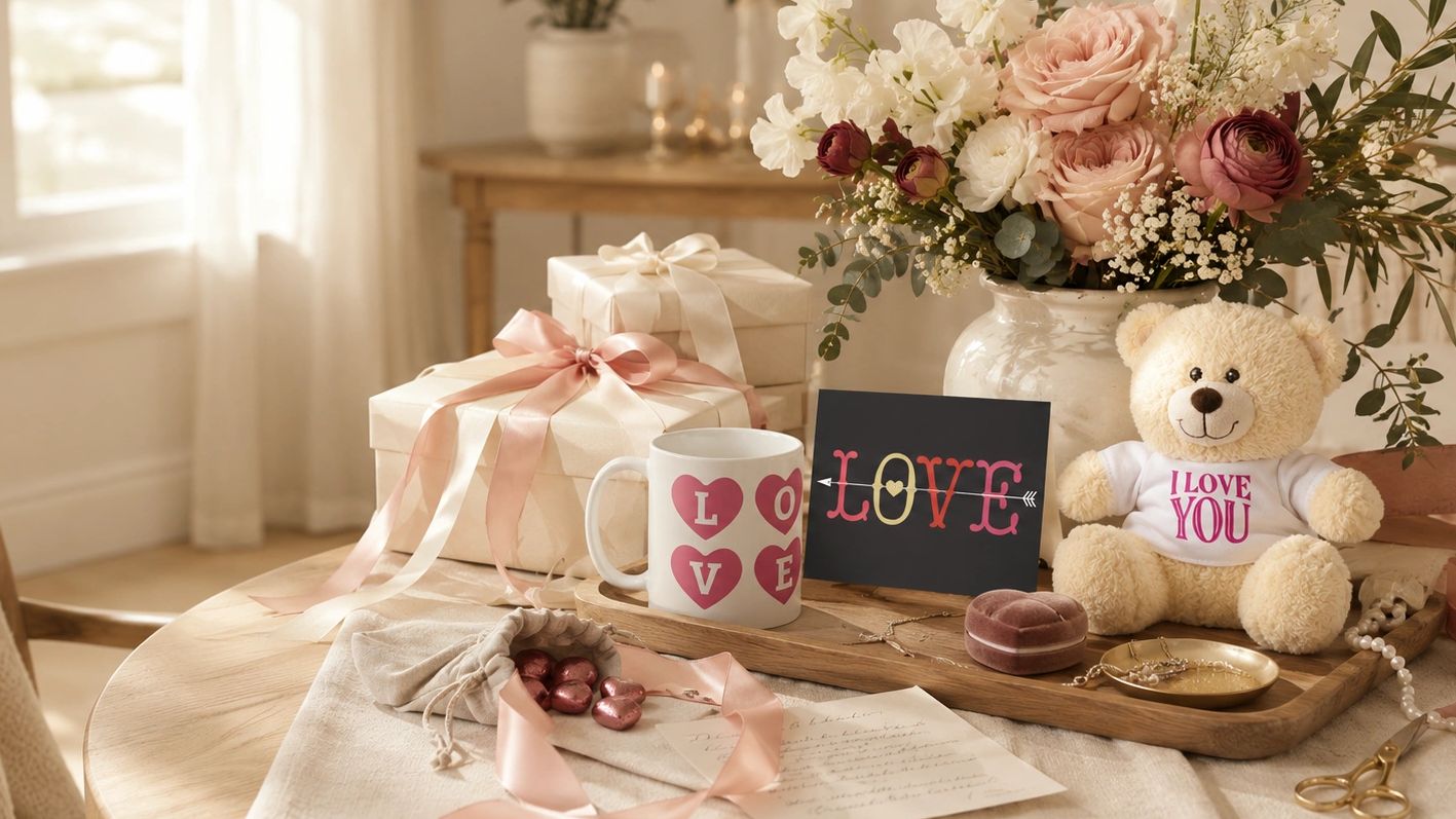 Romantic setup with gifts, flowers, and a teddy bear.