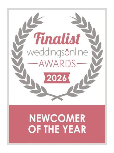 Finalist badge for 2026 Weddings Online Awards Newcomer of the Year.
