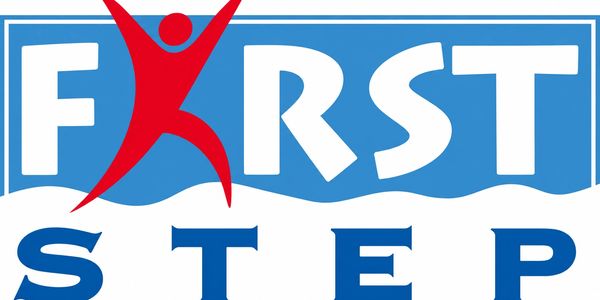 Logo with the words 'First Step' and a red figure.