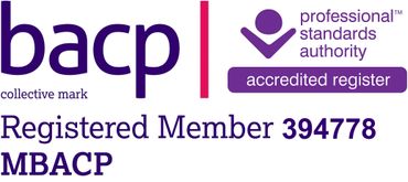 BACP logo showing registered member number and accreditation from the professional standards authority.