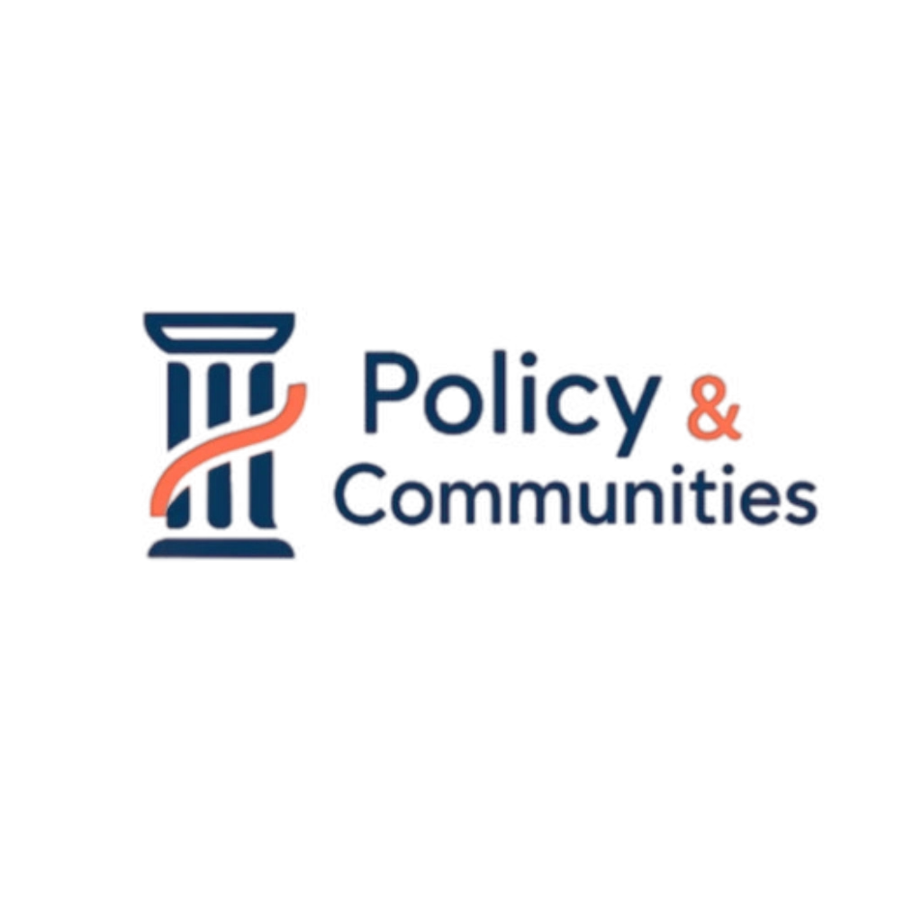 Logo of Policy & Communities with pillar and red swoosh design.