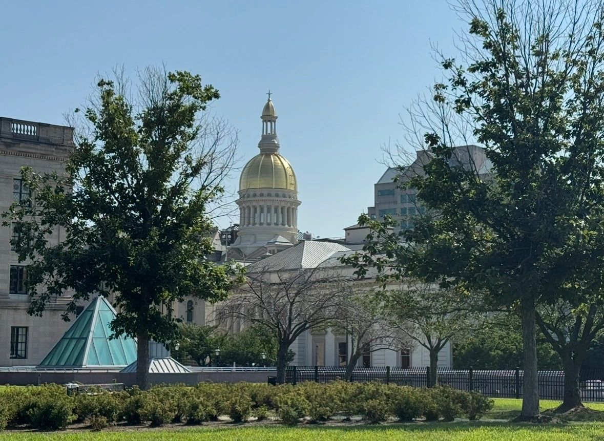 Golden-domed building behind green trees in a sunny urban park.