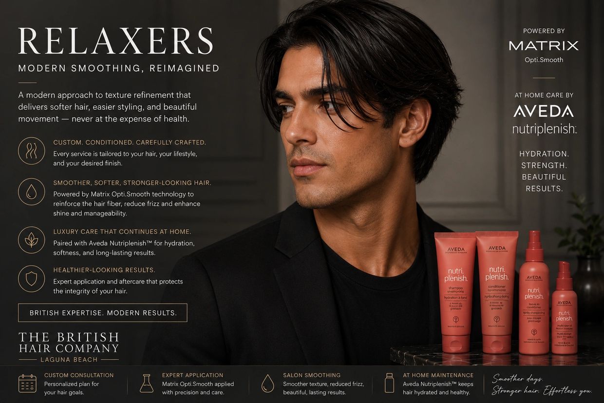 Stylish Male Model promoting modern relaxer & smoothing services with Matrix Opti Smooth & Aveda
