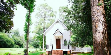 White wedding chapel at Forest Hill Park in Perry, Georgia