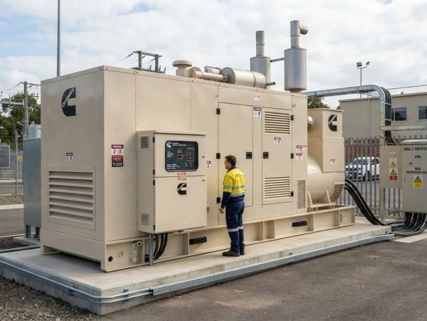 Worker inspecting a large industrial generator outdoors.