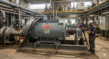 Technician working on a large ABB industrial motor inside a factory.
