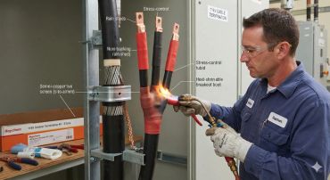 Worker heat shrinks a breakout boot on electrical cables.