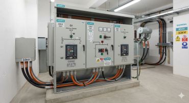 Siemens 33kV electrical switchgear in a clean utility room.