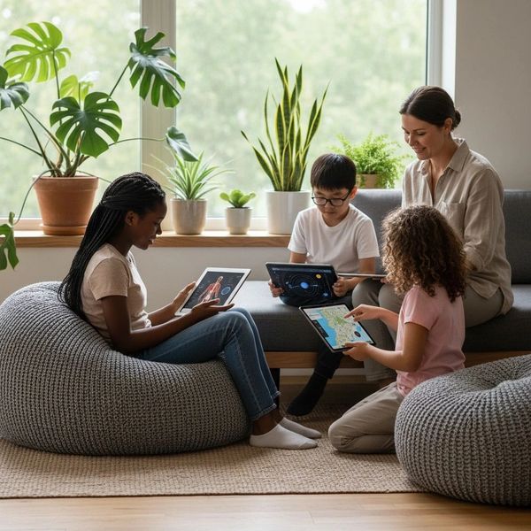 Children and a teacher using tablets together in a cozy learning space with plants.