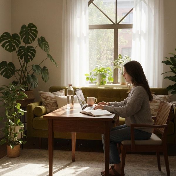Woman working on laptop in cozy, sunlit living room with plants.