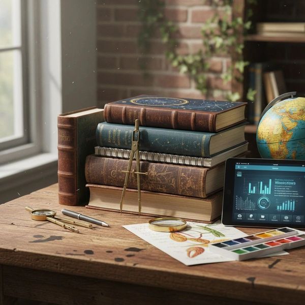 A study desk with vintage books, drawing tools, a globe, and a tablet showing data charts.