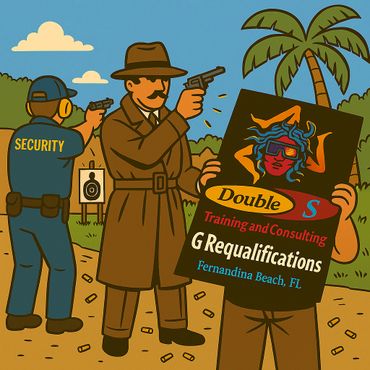 Two men shooting guns at a training range with a colorful sign in foreground.