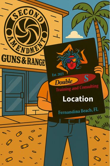 Cartoon of person holding a sign for Double S Training in front of Second Amendment Guns & Range.