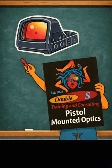 Cartoon character holding a sign about pistol mounted optics training.