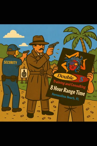 Cartoon depicts a shooting range with two men firing pistols and one holding a sign.