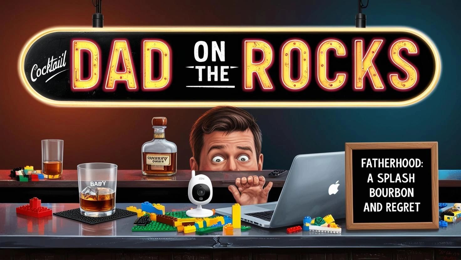 Dad at bar with bourbon, LEGOs, laptop, baby monitor – funny parenting chaos under neon sign