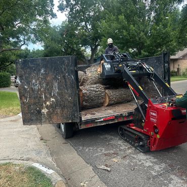Worker using a small loader to lift logs into a trailer on a residential street.