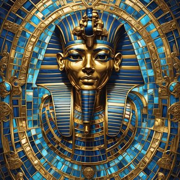 King Tut's mask. AI generated featuring stained glass and gold. By Marti Gold