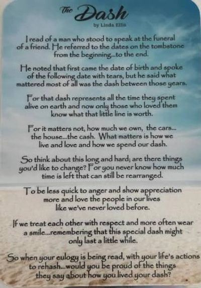 Poem about the significance of the dash on a tombstone.