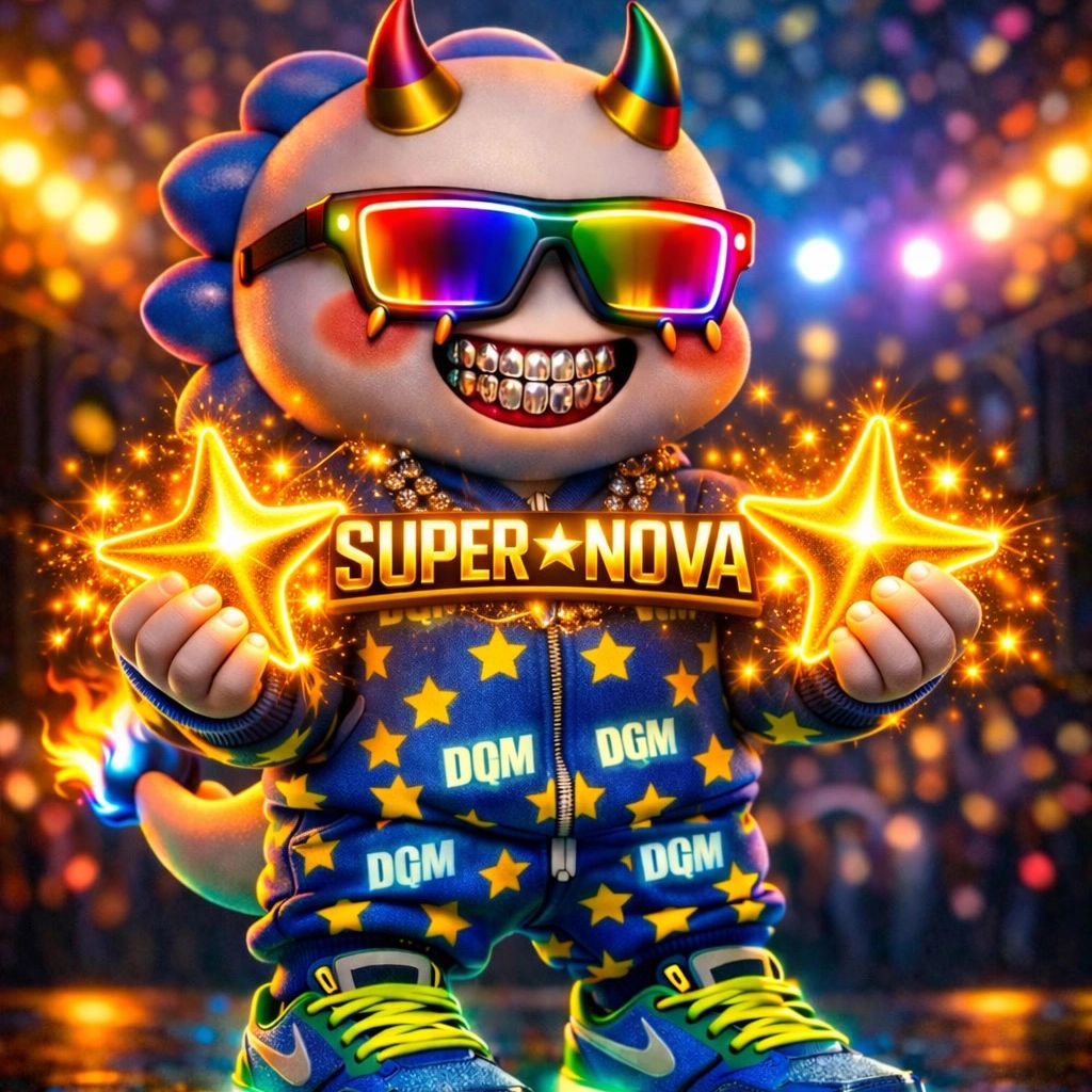 Colorful cartoon character with horns, rainbow sunglasses, and glowing stars, dressed in star-patterned outfit.