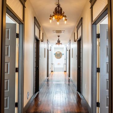 Upstairs hallway of Mossbrae Hotel located in Dunsmuir, CA