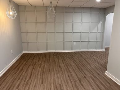 Empty room with wood flooring and geometric wall panels.