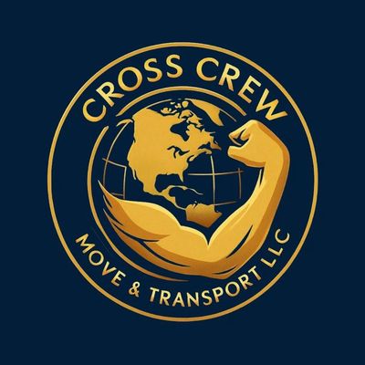Gold logo with muscular arm and globe for Cross Crew Move & Transport LLC.
