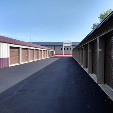 Showing the wide blacktopped aisles between buildings at Safe-N-Secure Storage, Rochester MN