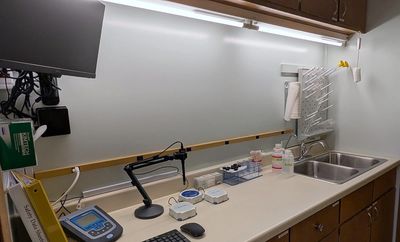 Water analysis laboratory at the GMD5 office with a benchtop meter, ion-selective electrode probe