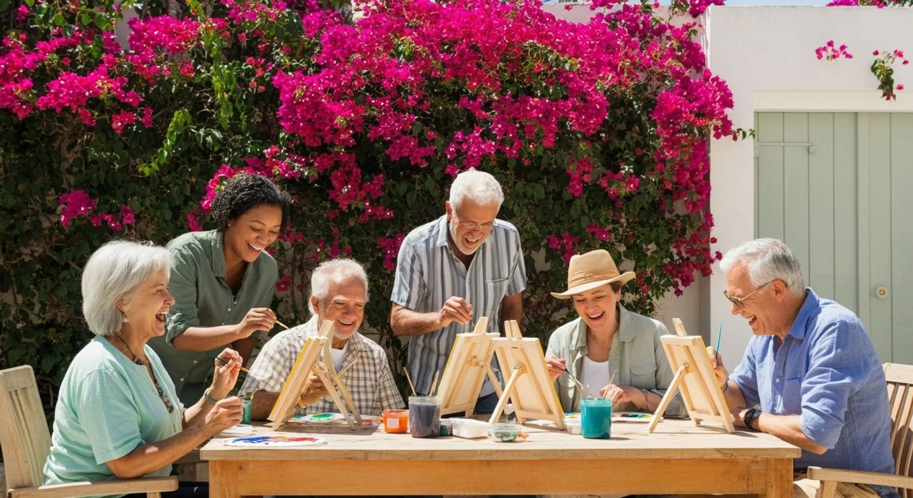 Seniors and a younger woman happily painting outdoors together.