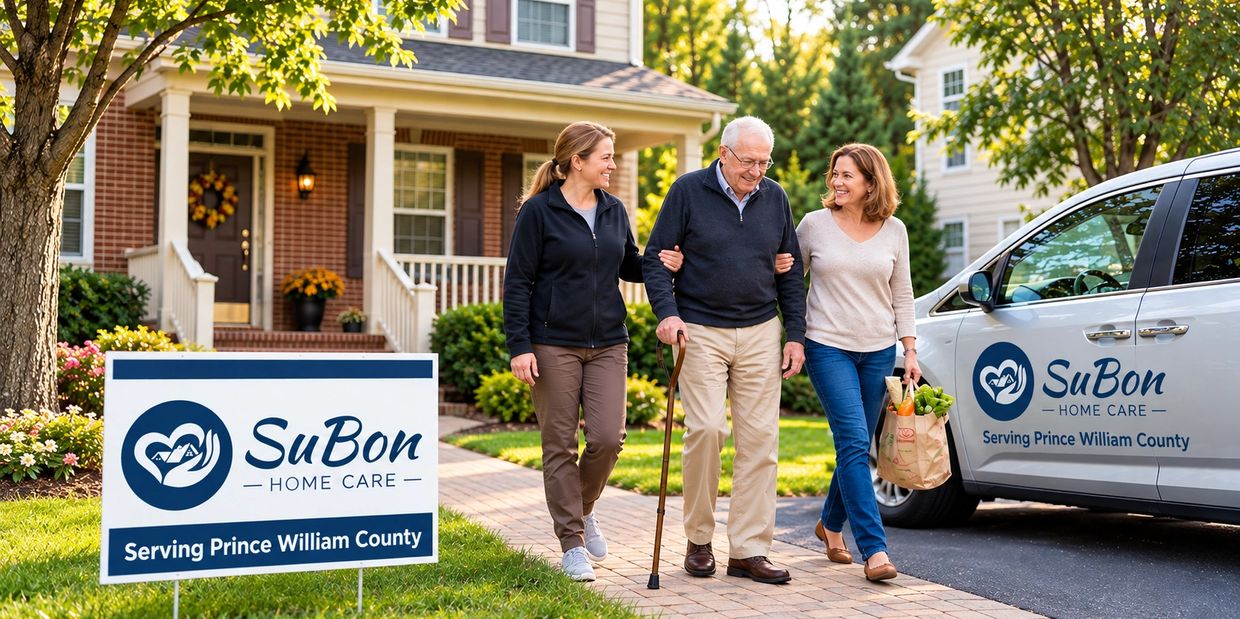 Caregiver assisting a senior outside his home in Prince William County, Virginia.